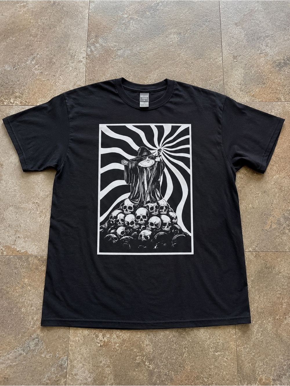 Dark Wizard Skull Pile Psychedelic Graphic T-shirt Black Gothic Horror Tee